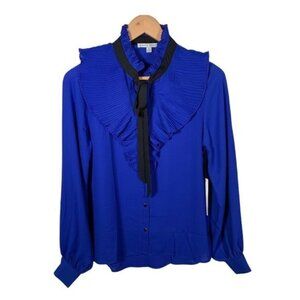 Haute Monde Blue Ruffle Long Sleeve Blouse Small Tie Neck